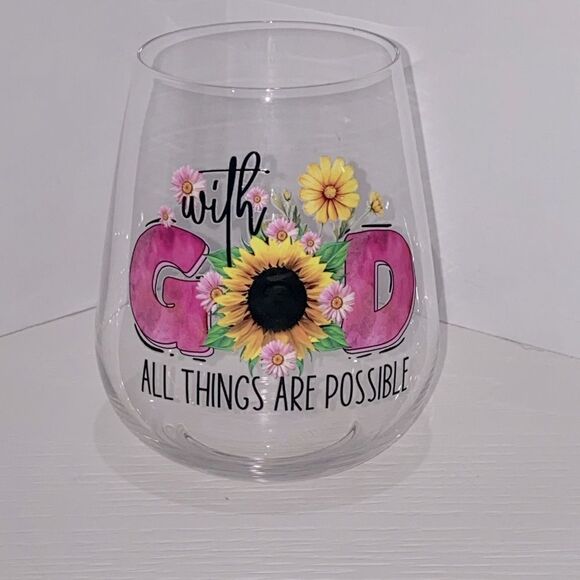Inspirational Floral Stemless Wine Glass Set With God All Things Are Possible - Picture 3 of 4